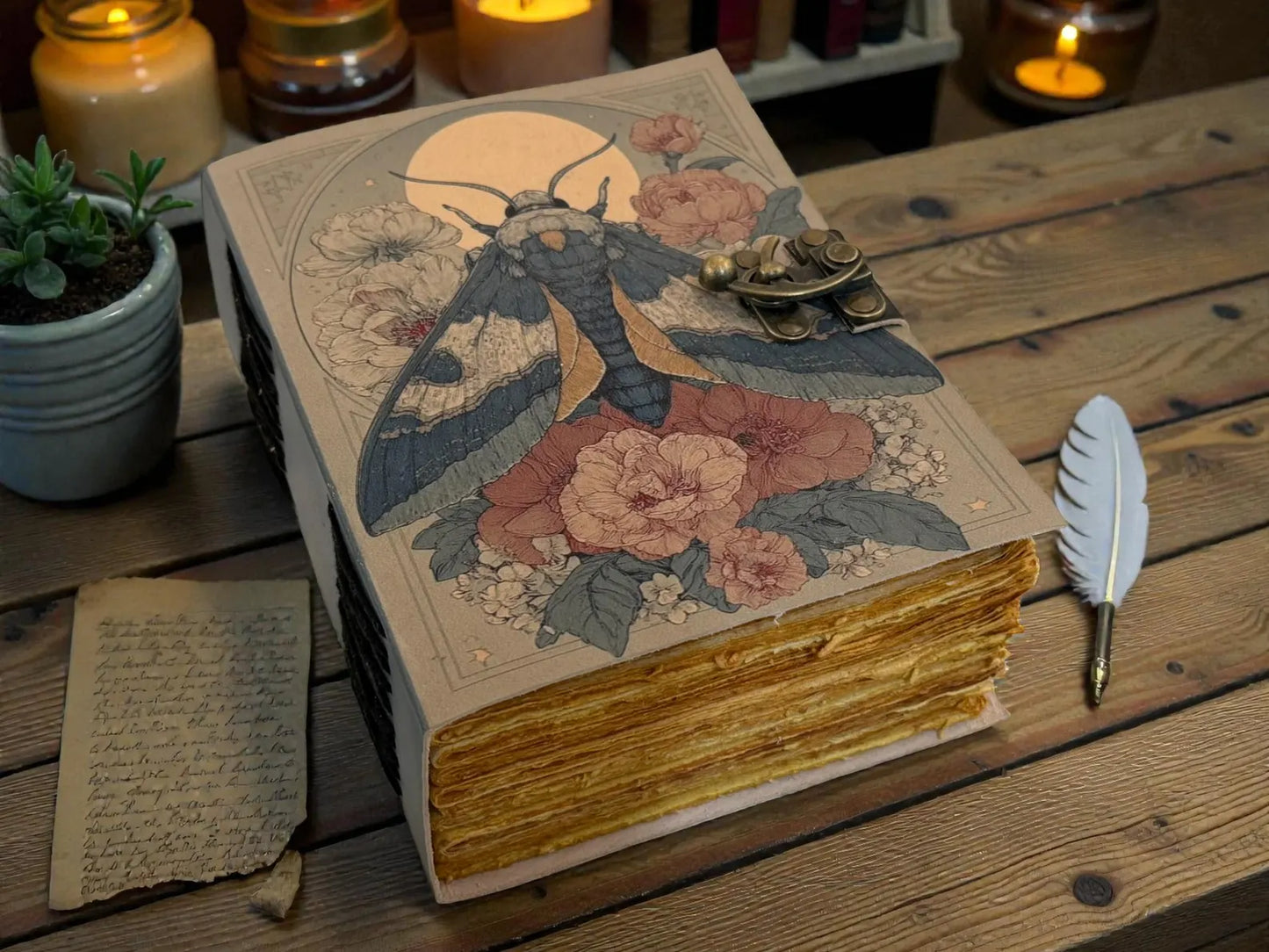 Luna Moth Moon Leather Grimoire – Witchy Forest Journal, Handmade Celestial Writing Book gift for him