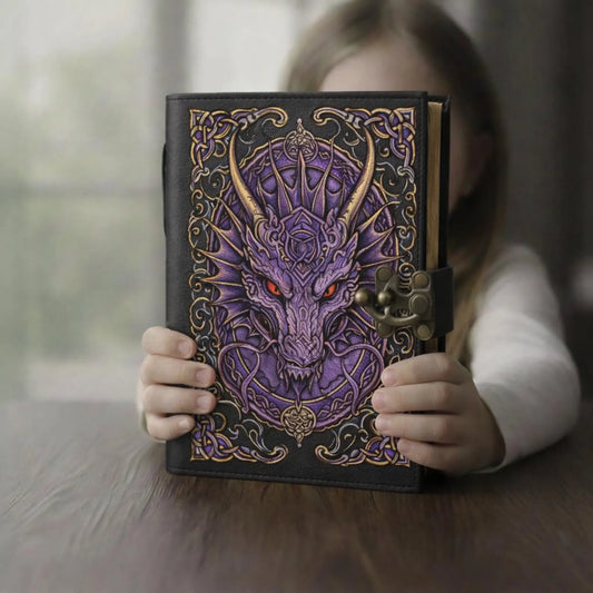 Midnight Purple Dragon Leather Journal – Handmade Leather Notebook with Dragon Artwork & Antique Lock