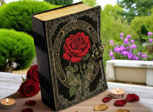 Handmade Red Rose Leather Journal with Brass Clasp – Gothic Floral Notebook with Vintage Paper