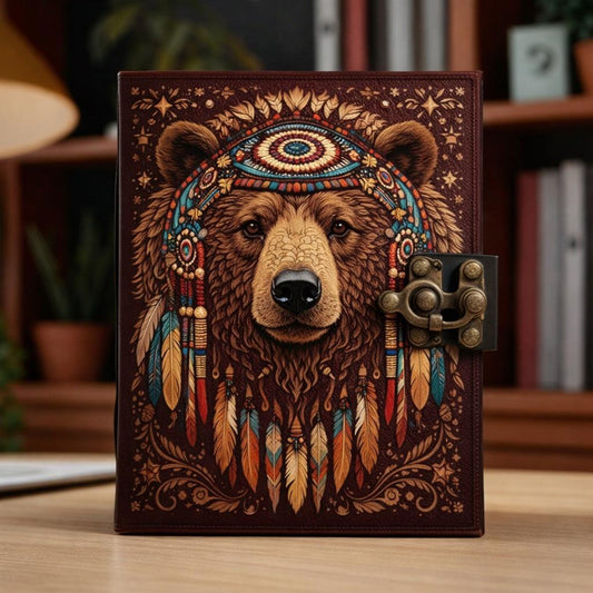 The Spirit Bear Leather Journal | Handmade Tribal Bear Leather Notebook with Brass Clasp and Vintage Deckle Edge Paper