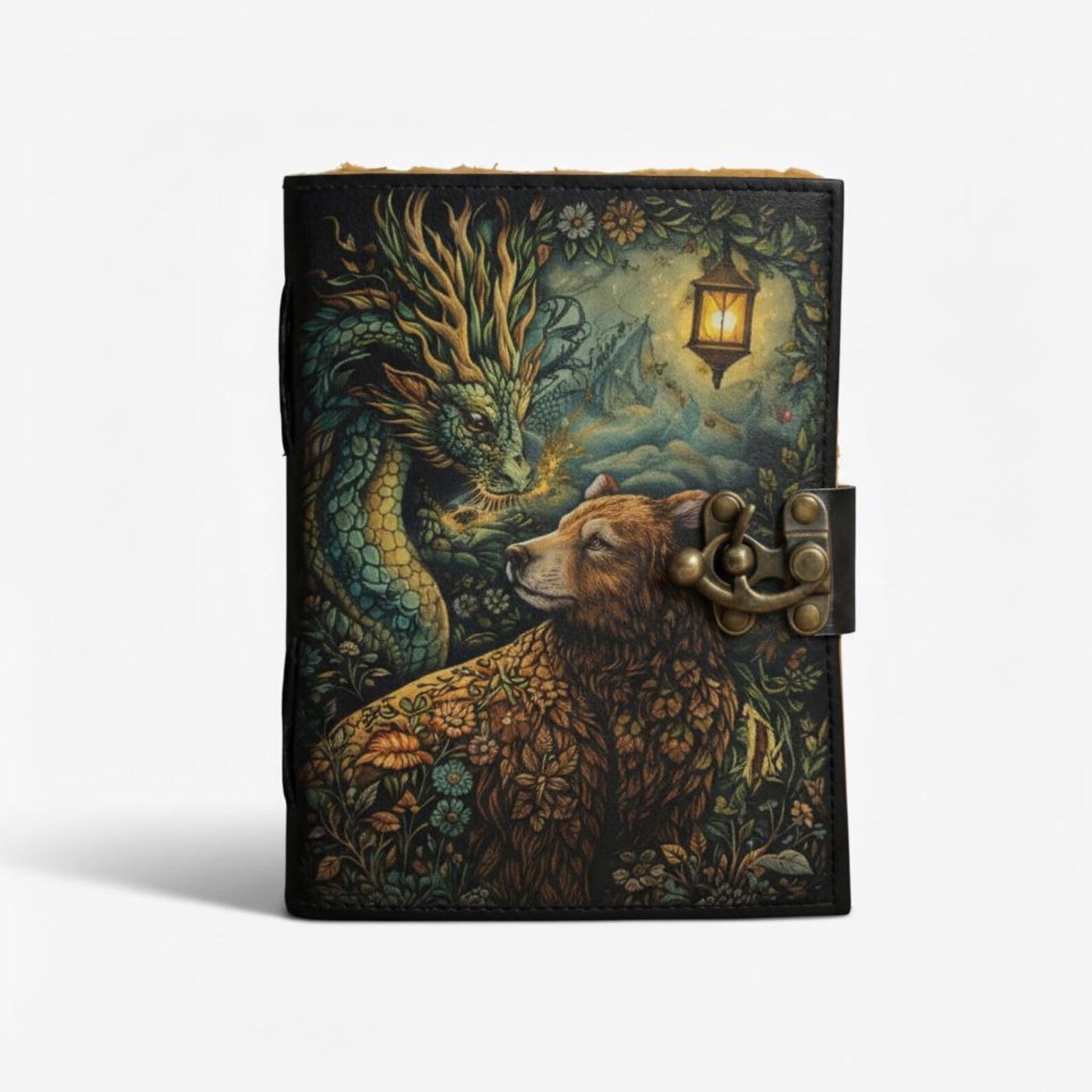 Forest Dragon & Bear Leather Journal – Handmade Fantasy Writing Notebook with Lock