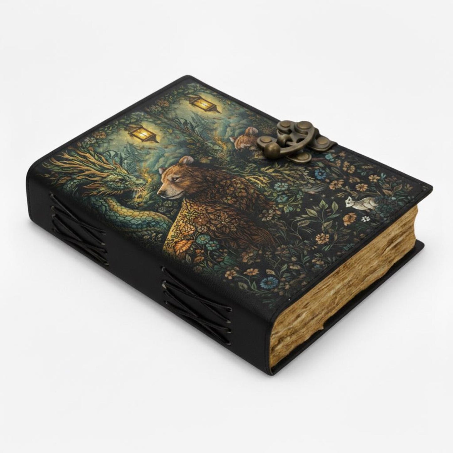 Forest Dragon & Bear Leather Journal – Handmade Fantasy Writing Notebook with Lock