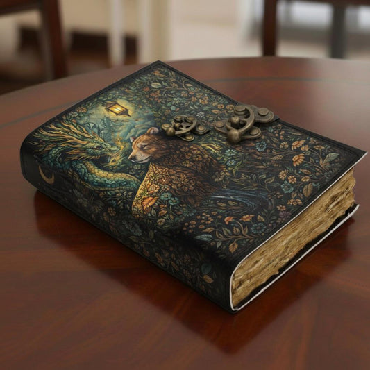 Forest Dragon & Bear Leather Journal – Handmade Fantasy Writing Notebook with Lock