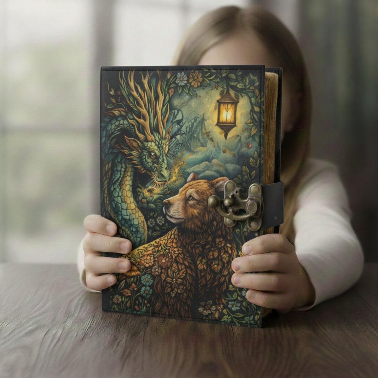 Forest Dragon & Bear Leather Journal – Handmade Fantasy Writing Notebook with Lock