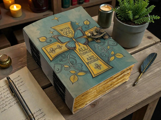 Butterfly Cross Handmade Leather Journal – Christian Faith Notebook, Religious Valantine Gift for Him Her