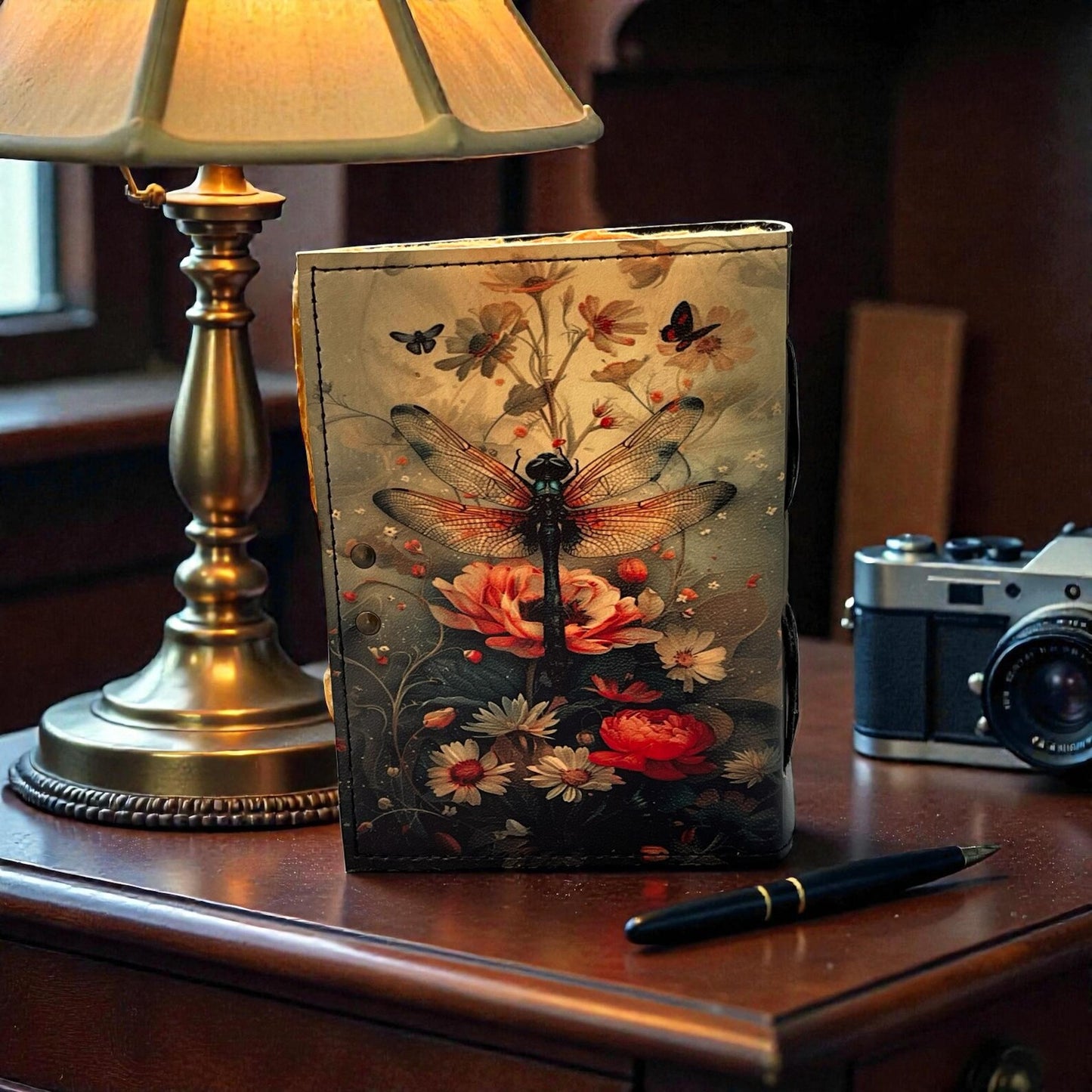 Dragonfly Leather Journal with Lock: Handmade Writing Notebook 400 Page Handmade Book of Shadows, Large Book Spell book, Magic Diary Gift