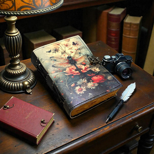 Dragonfly Leather Journal with Lock: Handmade Writing Notebook 400 Page Handmade Book of Shadows, Large Book Spell book, Magic Diary Gift