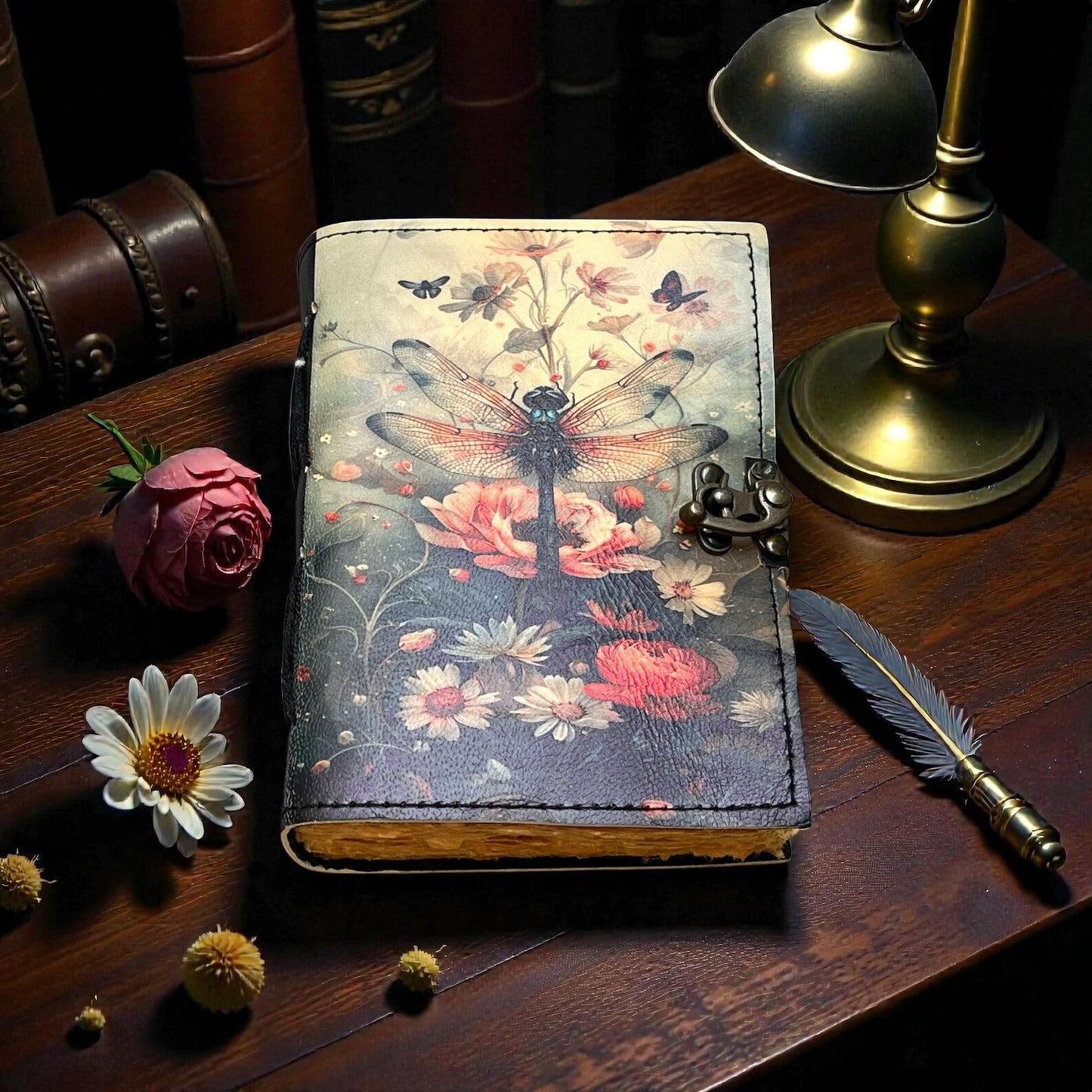 Dragonfly Leather Journal with Lock: Handmade Writing Notebook 400 Page Handmade Book of Shadows, Large Book Spell book, Magic Diary Gift