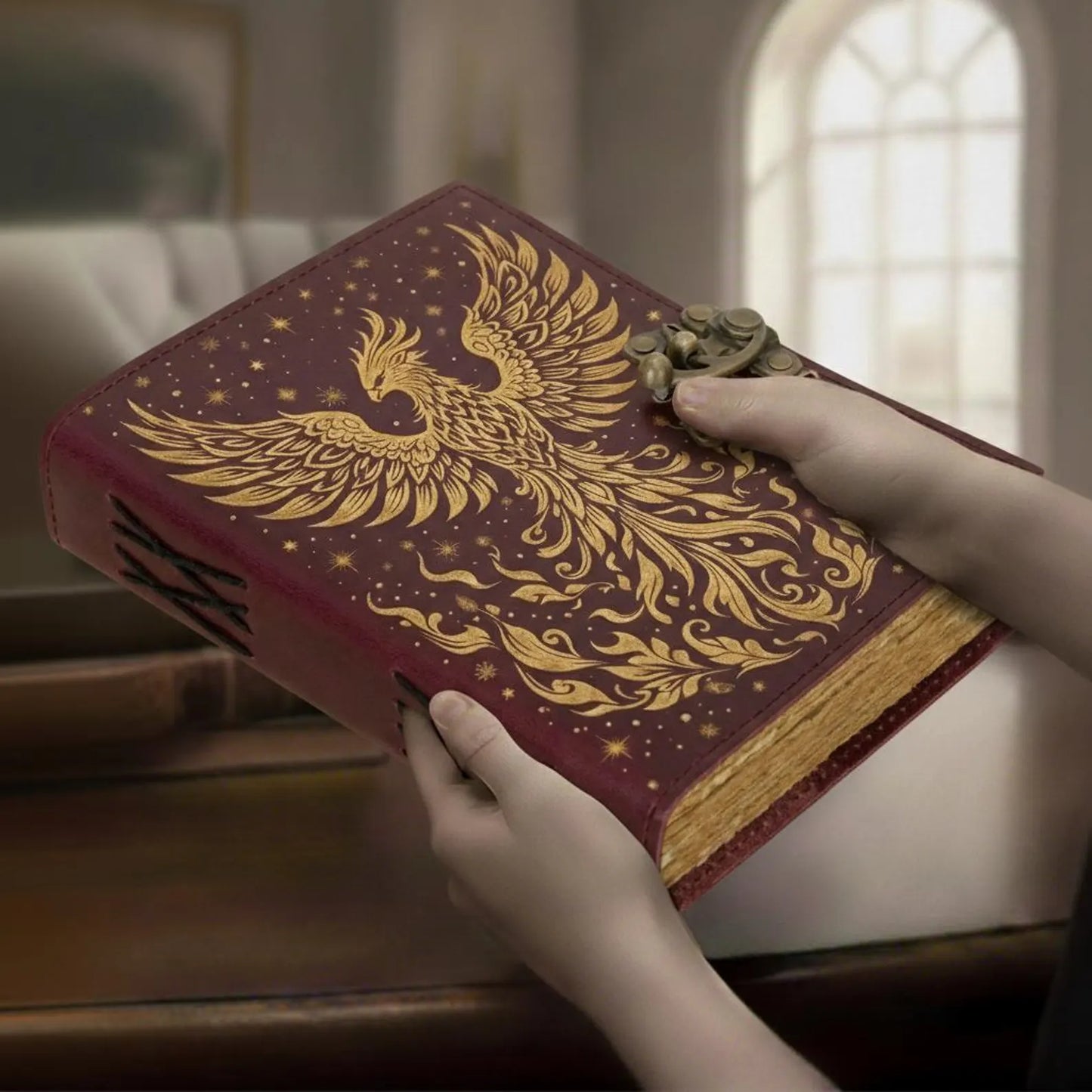 Phoenix Leather Journal – Handmade Burgundy Writing Notebook with Antique Lock