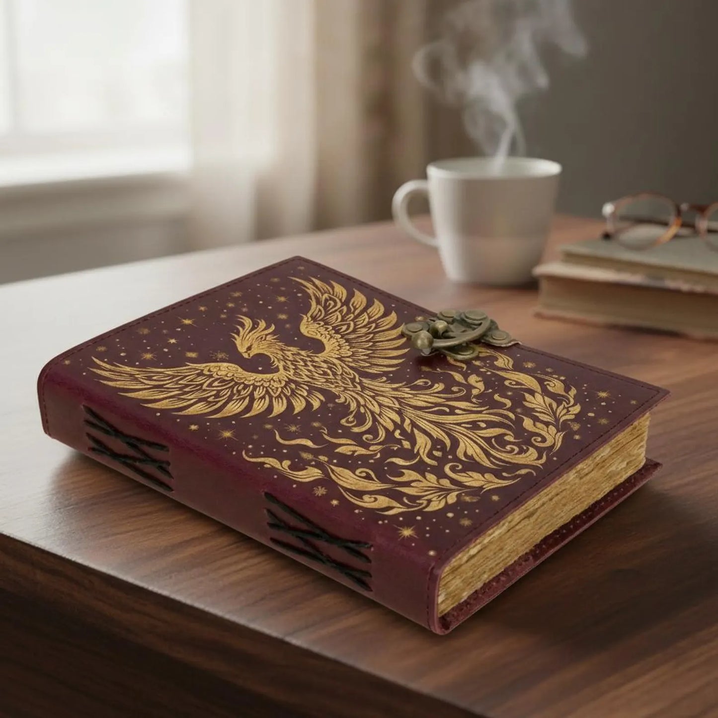 Phoenix Leather Journal – Handmade Burgundy Writing Notebook with Antique Lock