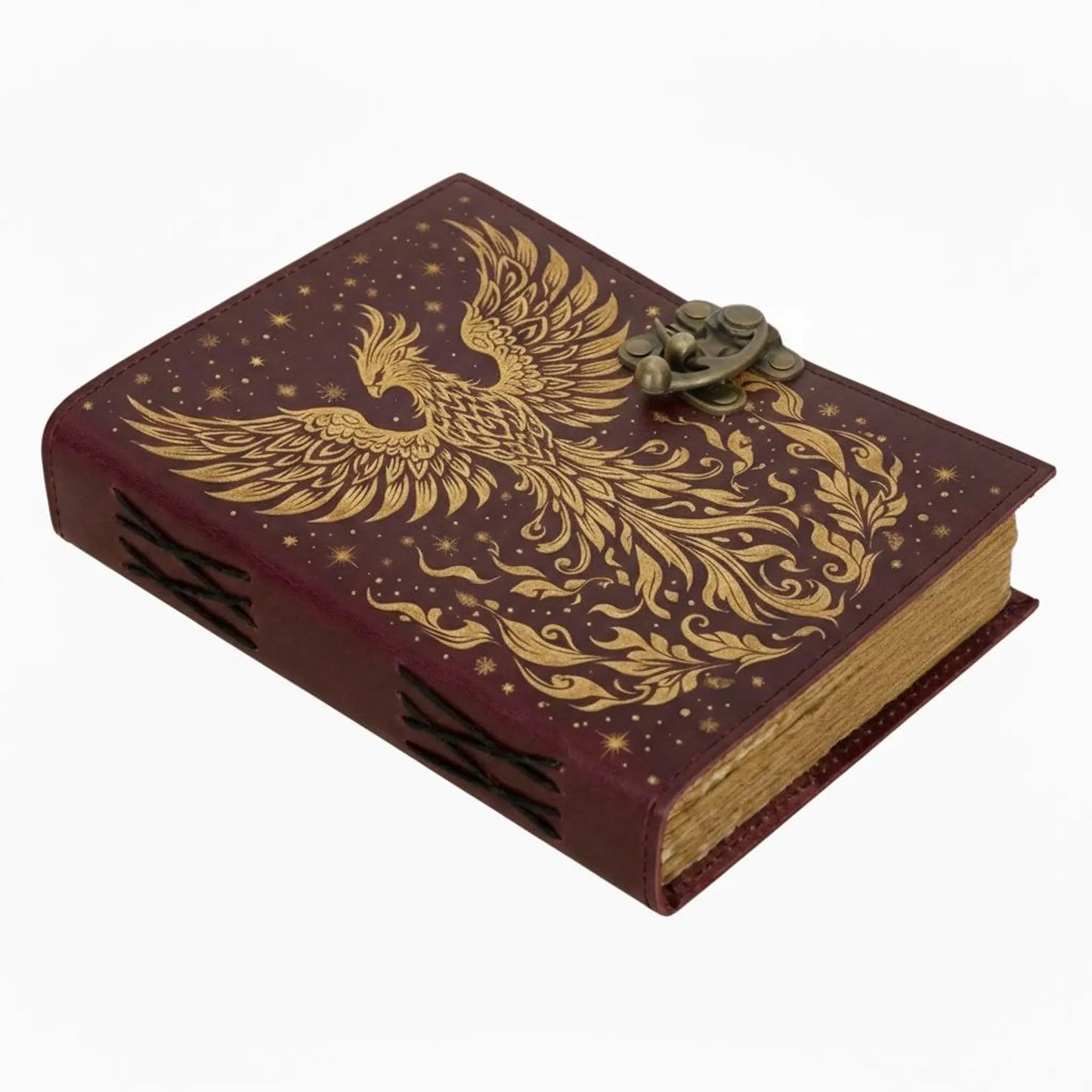 Phoenix Leather Journal – Handmade Burgundy Writing Notebook with Antique Lock