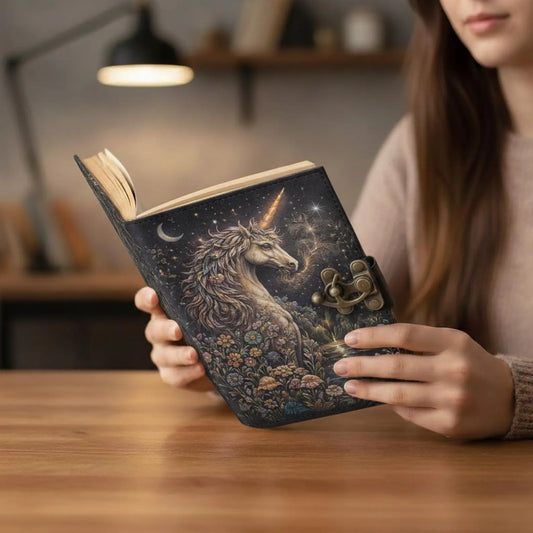 Moonlit Unicorn Leather Journal – Handmade Fantasy Notebook with Antique Lock