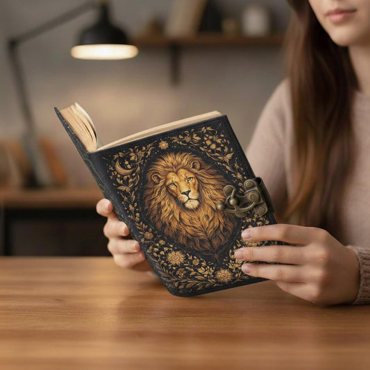 Majestic Lion Leather Journal – Handmade Vintage Writing Notebook with Antique Lock LuxauraHide