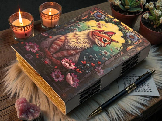 Handmade Gothic Magic Cat Leather Grimoire journal | Witchcraft Pagan Diary | Wiccan Blank Spell Book |