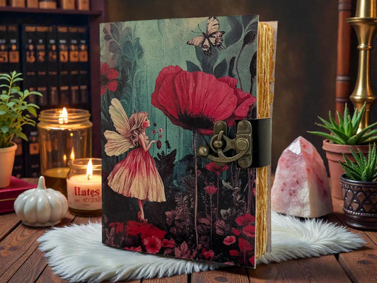 Fairy Flower Vintage Leather Grimoire Notebook –Blank spell Book of Shadows - Witchcraft Magic Journal Gift -Wiccan Pagan diary for Writers