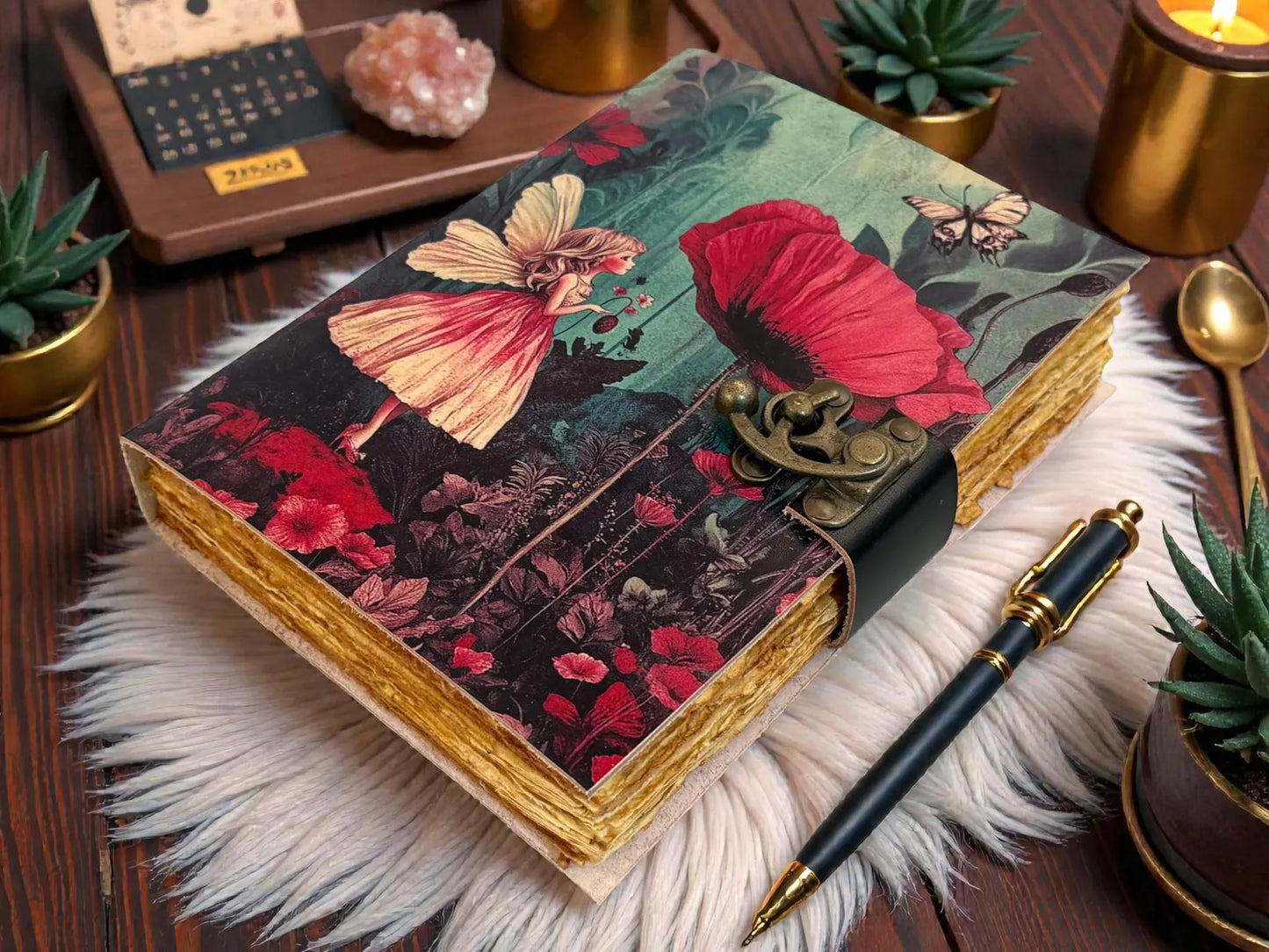 Fairy Flower Vintage Leather Grimoire Notebook –Blank spell Book of Shadows - Witchcraft Magic Journal Gift -Wiccan Pagan diary for Writers