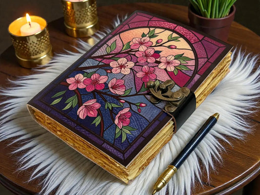 Vintage Floral Leather Journal | Hand bound Flower Artwork Notebook Motherday GIft | Birth Month Blossom Diary | Travel Writing Gift