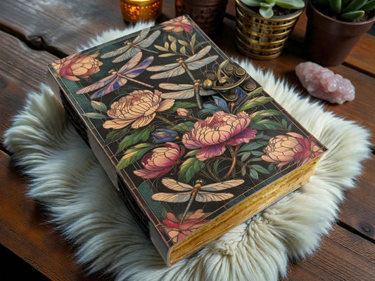 Handmade Floral Luna Moth Leather Celestial journal - VIntage Blank Spell Book of Shadows - Antique Closure - journal for Gift
