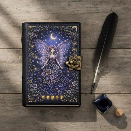 Handmade Moon Fairy Leather Journal – Enchanted Botanical Grimoire Notebook