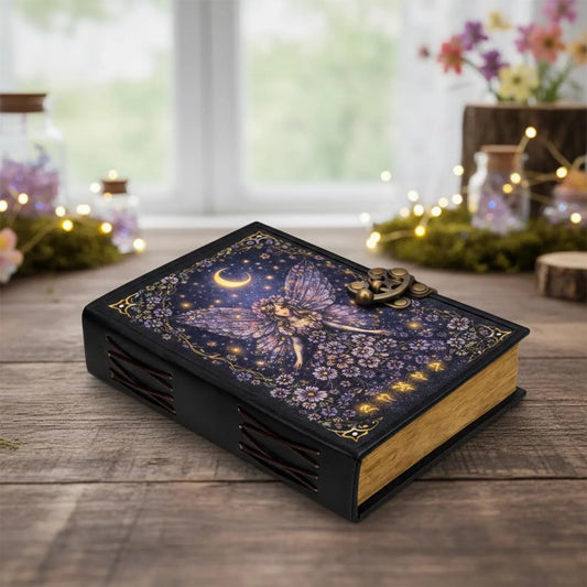 Handmade Moon Fairy Leather Journal – Enchanted Botanical Grimoire Notebook