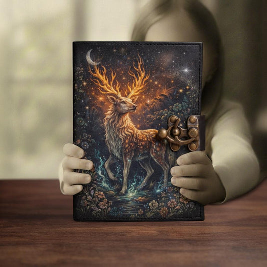 Handmade Celestial Stag Leather Journal – Moonlit Forest Grimoire | Spirit Animal Notebook