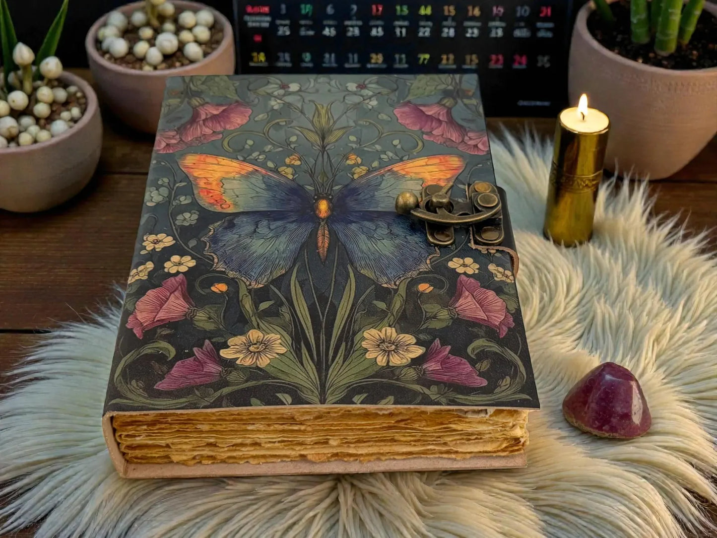 Handmade Butterfly Flower Moth Leather Grimoire journal - VIntage Blank Spell Book of Shadows - Antique Closure - Gifts for Him & her