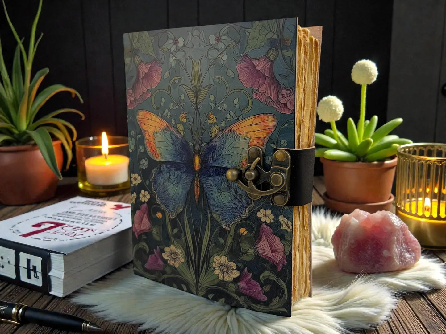 Handmade Butterfly Flower Moth Leather Grimoire journal - VIntage Blank Spell Book of Shadows - Antique Closure - Gifts for Him & her