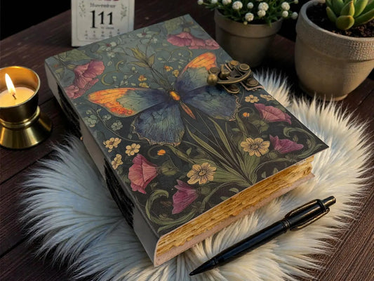 Handmade Butterfly Flower Moth Leather Grimoire journal - VIntage Blank Spell Book of Shadows - Antique Closure - Gifts for Him & her