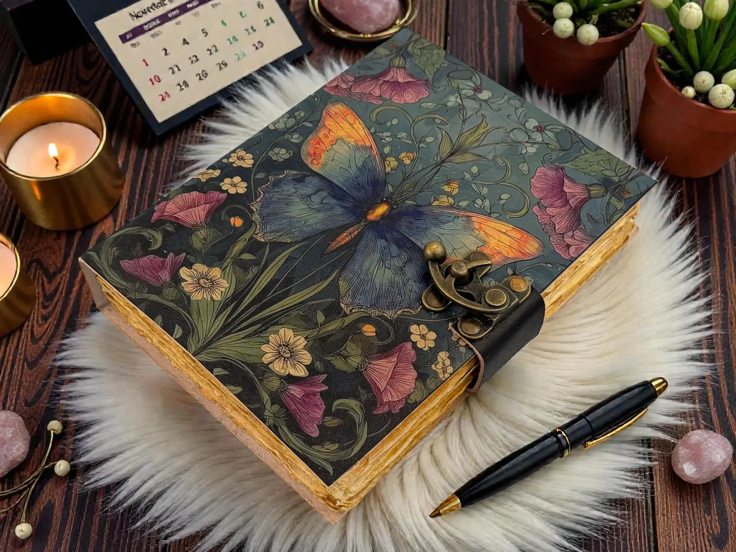 Handmade Butterfly Flower Moth Leather Grimoire journal - VIntage Blank Spell Book of Shadows - Antique Closure - Gifts for Him & her