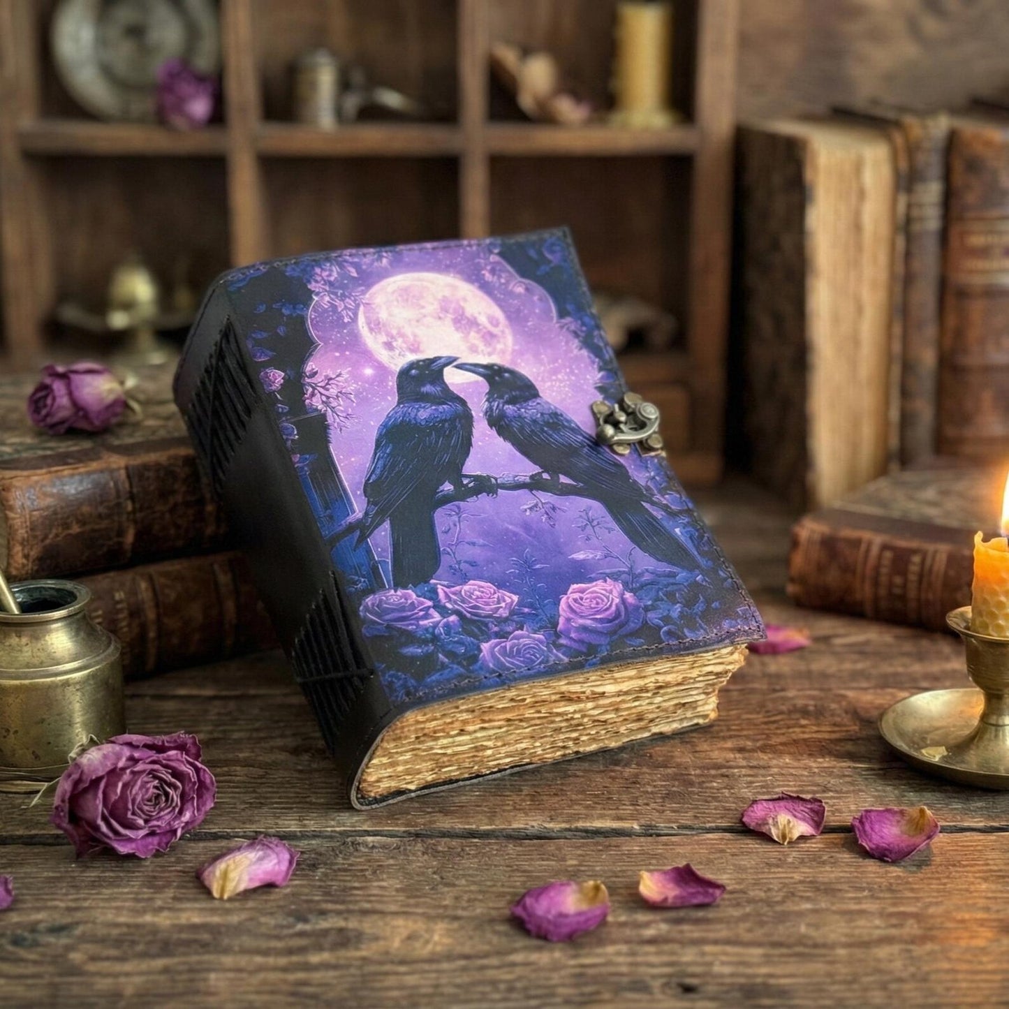 Witchy Raven Leather Journal – Handmade Deckle Edge page blank spell Book of Shadows