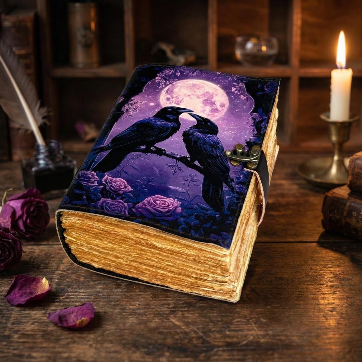 Witchy Raven Leather Journal – Handmade Deckle Edge page blank spell Book of Shadows