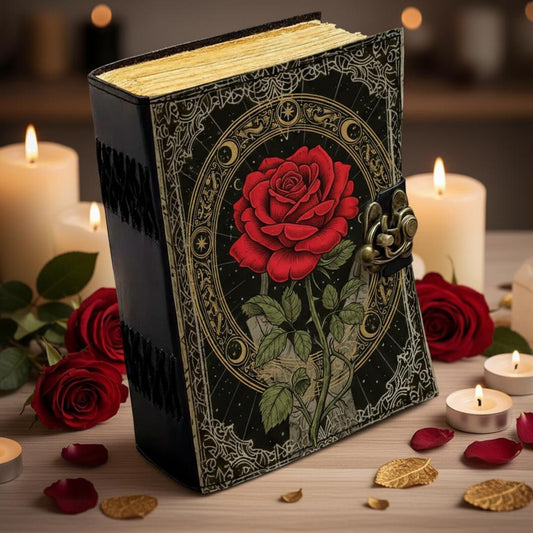 Handmade Red Rose Leather Journal with Brass Clasp – Gothic Floral Notebook with Vintage Paper
