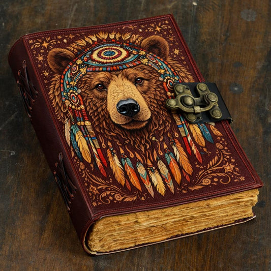 The Spirit Bear Leather Journal | Handmade Tribal Bear Leather Notebook with Brass Clasp and Vintage Deckle Edge Paper
