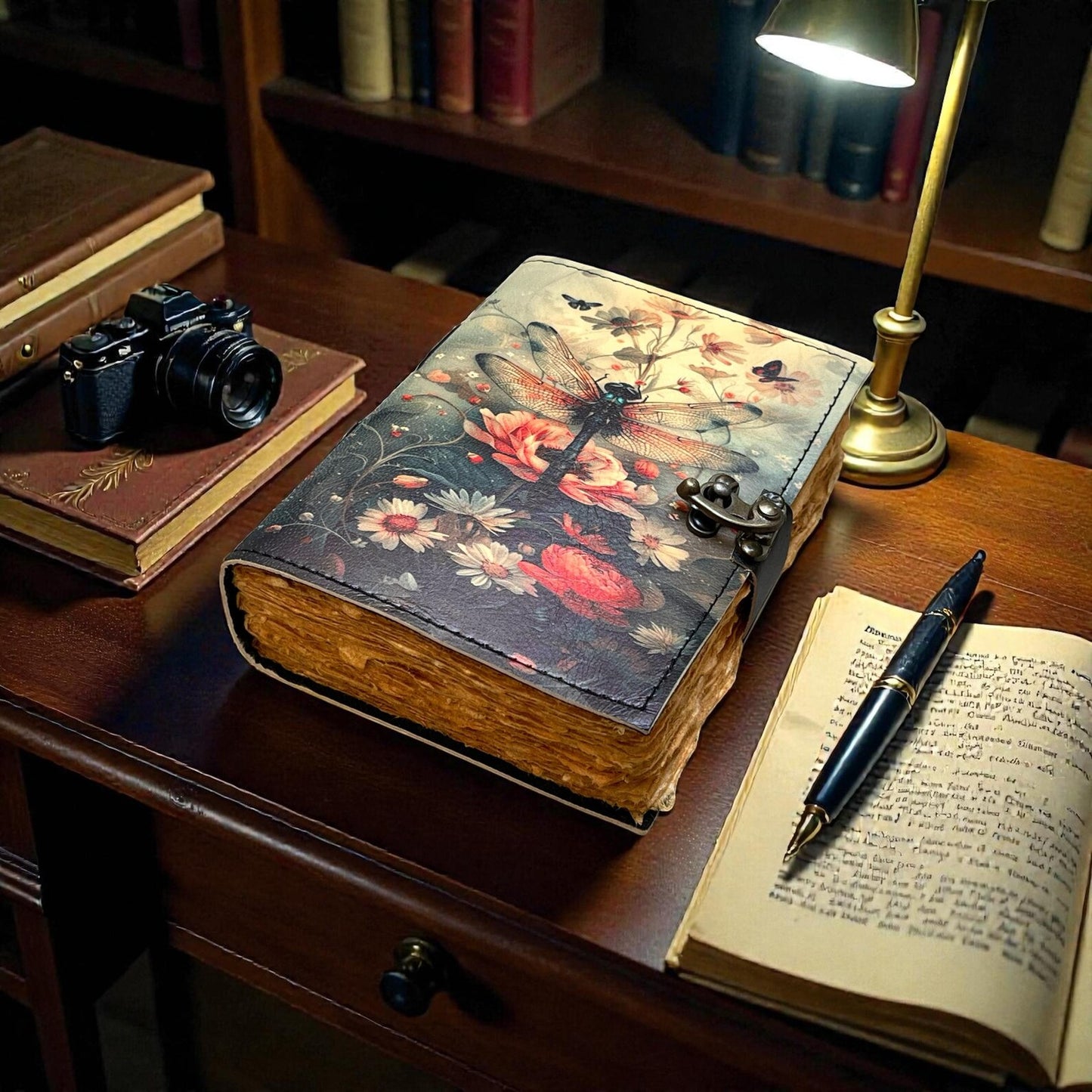Dragonfly Leather Journal with Lock: Handmade Writing Notebook 400 Page Handmade Book of Shadows, Large Book Spell book, Magic Diary Gift