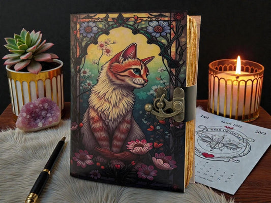 Handmade Gothic Magic Cat Leather Grimoire journal | Witchcraft Pagan Diary | Wiccan Blank Spell Book |