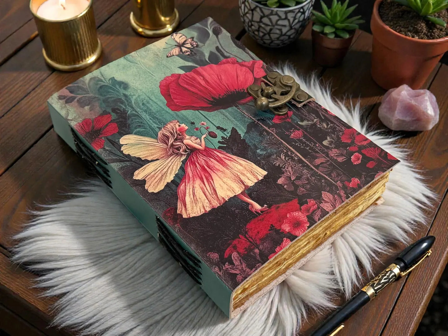 Fairy Flower Vintage Leather Grimoire Notebook –Blank spell Book of Shadows - Witchcraft Magic Journal Gift -Wiccan Pagan diary for Writers
