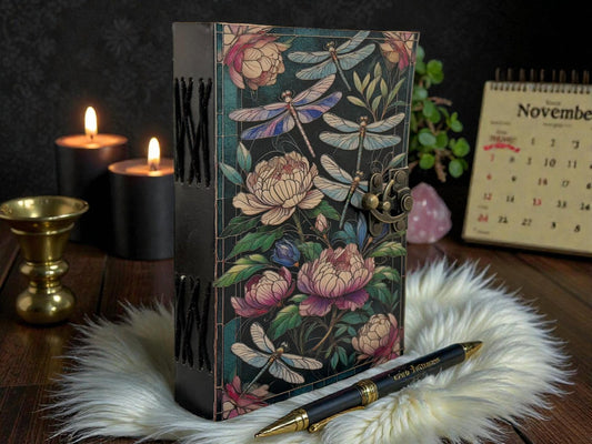 Handmade Floral Luna Moth Leather Celestial journal - VIntage Blank Spell Book of Shadows - Antique Closure - journal for Gift