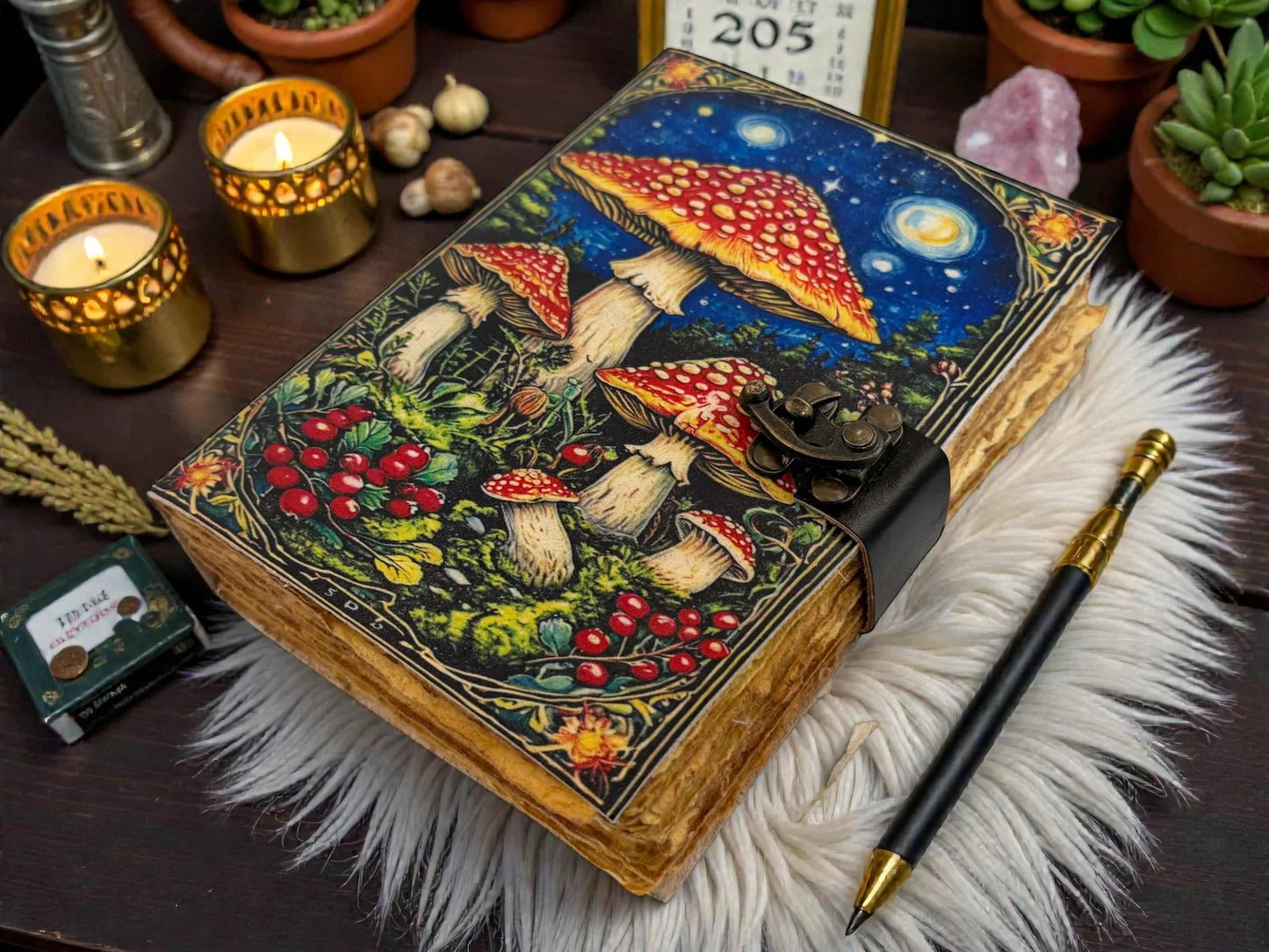 Mushroom Leather Grimoire – Wiccan Pagan Journal Blank Spell Book of Shadows -Vintage Deckle Edge Paper