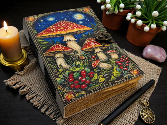 Mushroom Leather Grimoire – Wiccan Pagan Journal Blank Spell Book of Shadows -Vintage Deckle Edge Paper