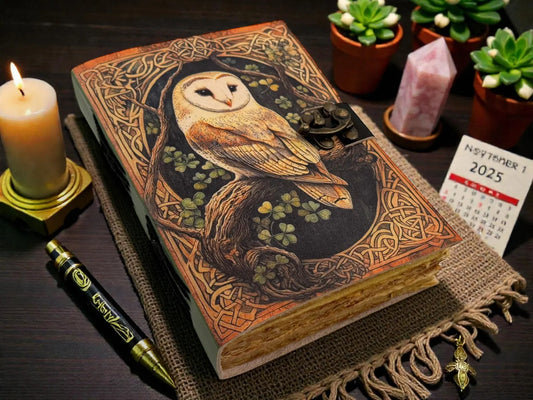 Handmade Owl Leather Grimoire –Gothic Blank Spell Book of Shadows Wiccan Gifts – Vintage Deckle Edge page Journal