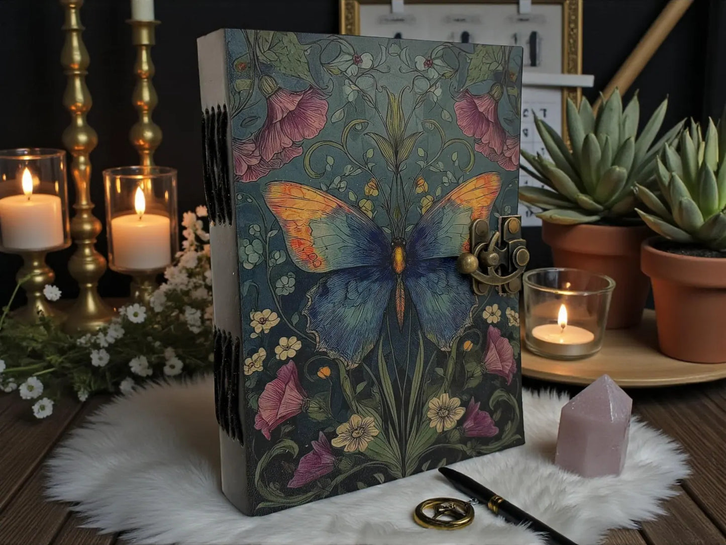 Handmade Butterfly Flower Moth Leather Grimoire journal - VIntage Blank Spell Book of Shadows - Antique Closure - Gifts for Him & her