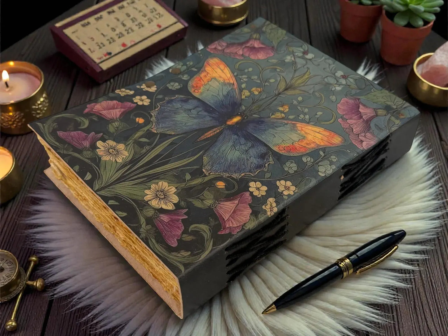 Handmade Butterfly Flower Moth Leather Grimoire journal - VIntage Blank Spell Book of Shadows - Antique Closure - Gifts for Him & her