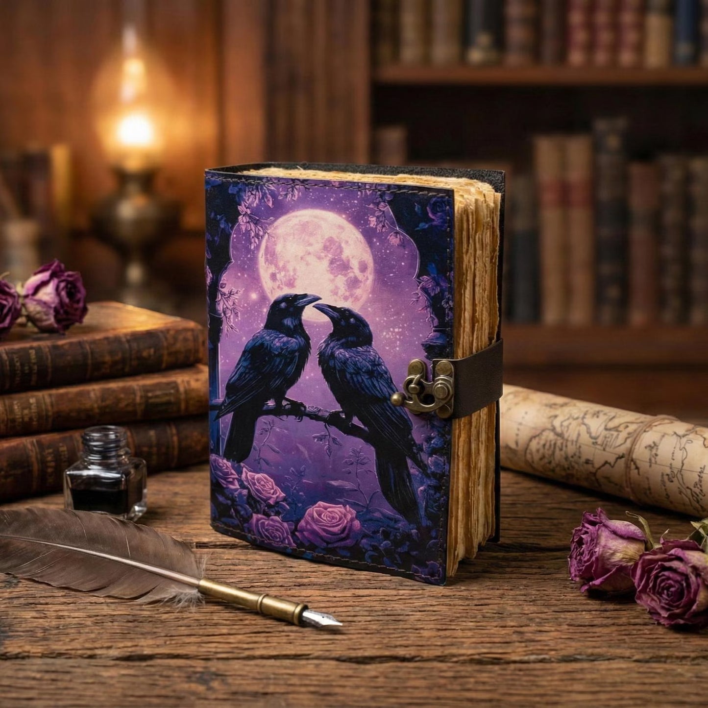 Witchy Raven Leather Journal – Handmade Deckle Edge page blank spell Book of Shadows