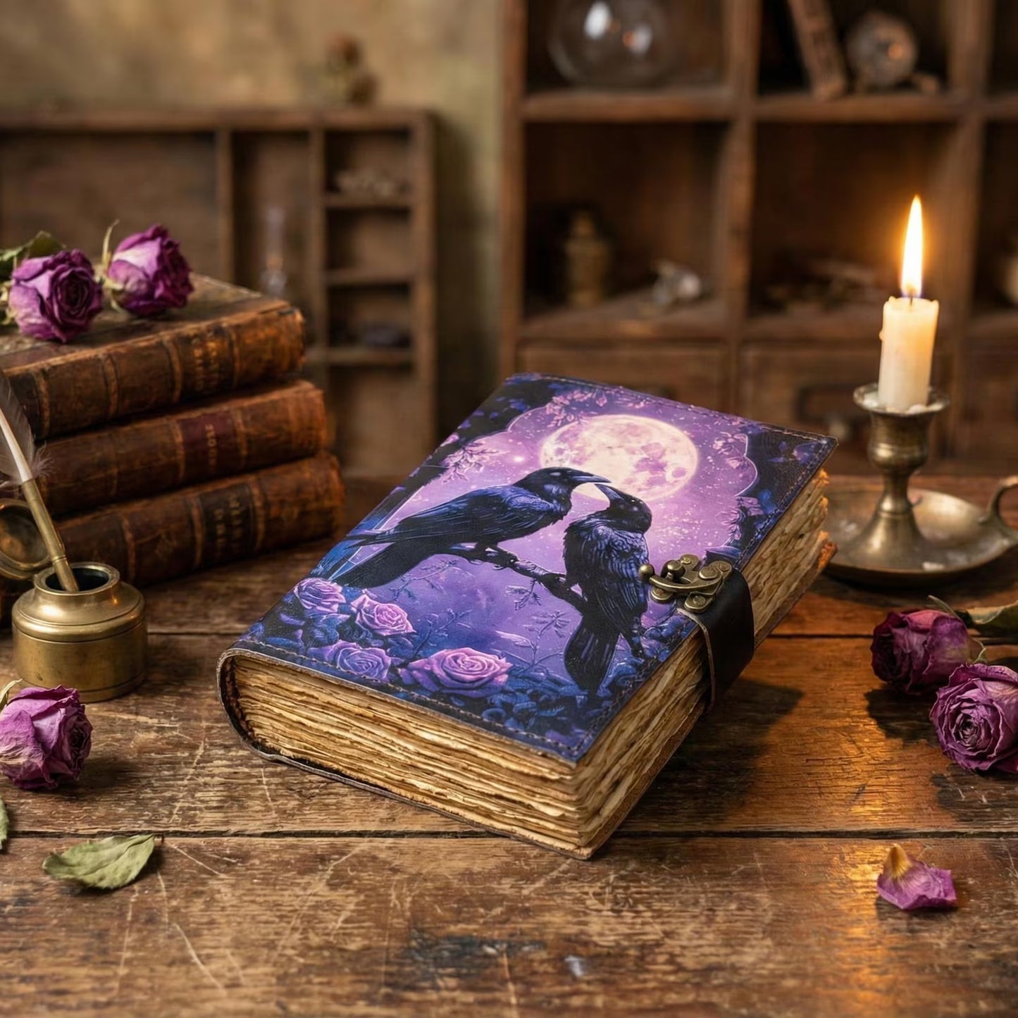 Witchy Raven Leather Journal – Handmade Deckle Edge page blank spell Book of Shadows