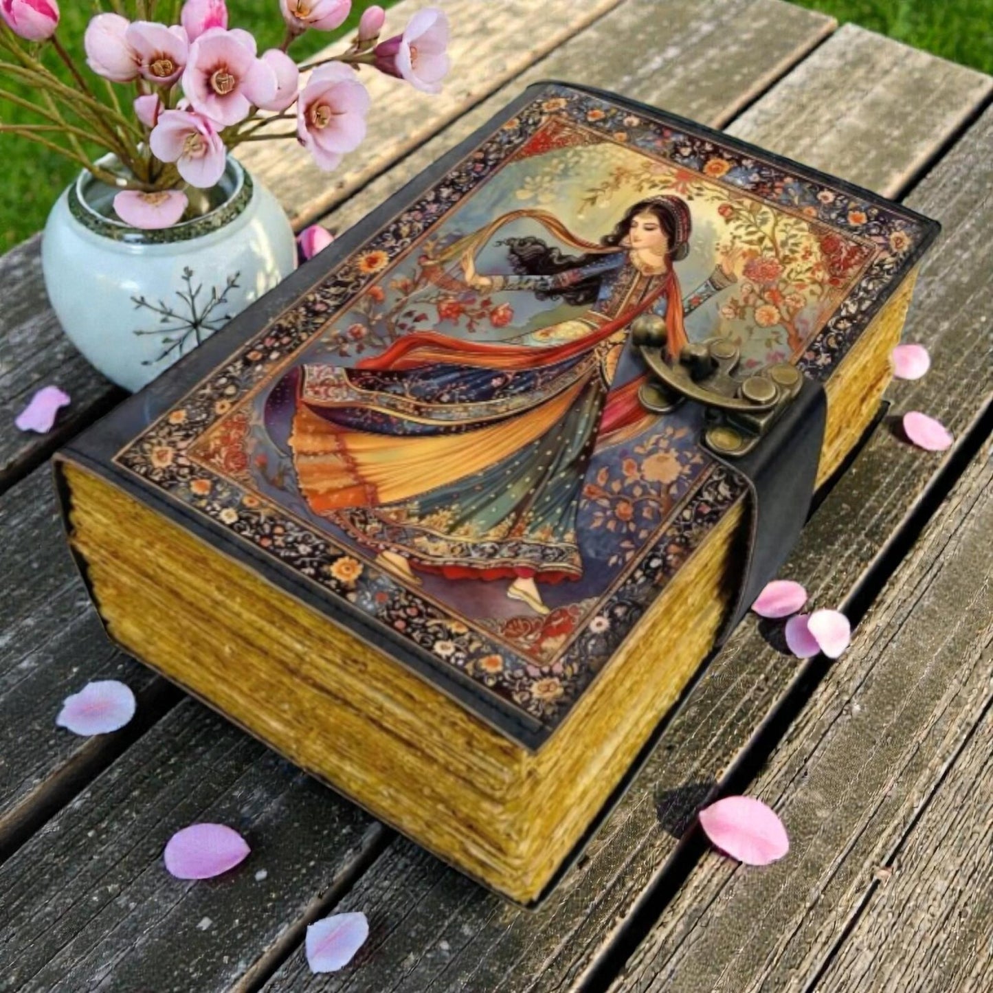 Vintage Folk Art Handmade Journal, Indian Art Writing Notebook Grimoire, Bohemian Sketchbook