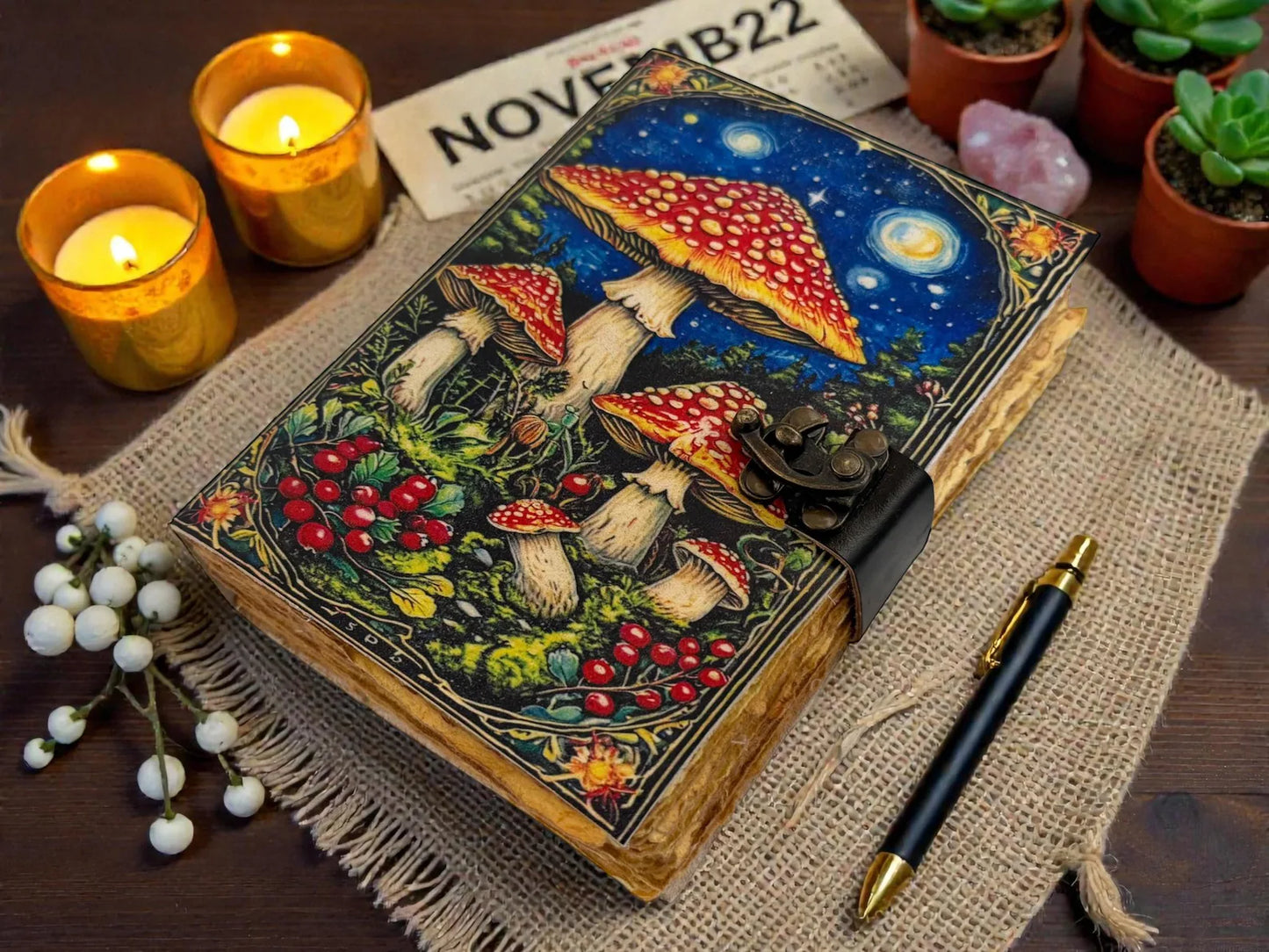 Mushroom Leather Grimoire – Wiccan Pagan Journal Blank Spell Book of Shadows -Vintage Deckle Edge Paper