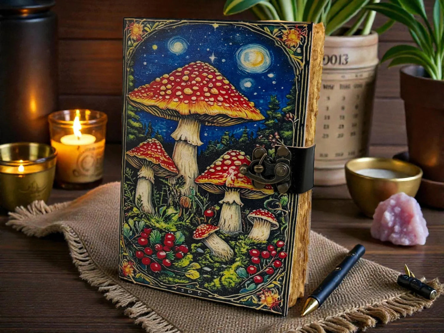 Mushroom Leather Grimoire – Wiccan Pagan Journal Blank Spell Book of Shadows -Vintage Deckle Edge Paper