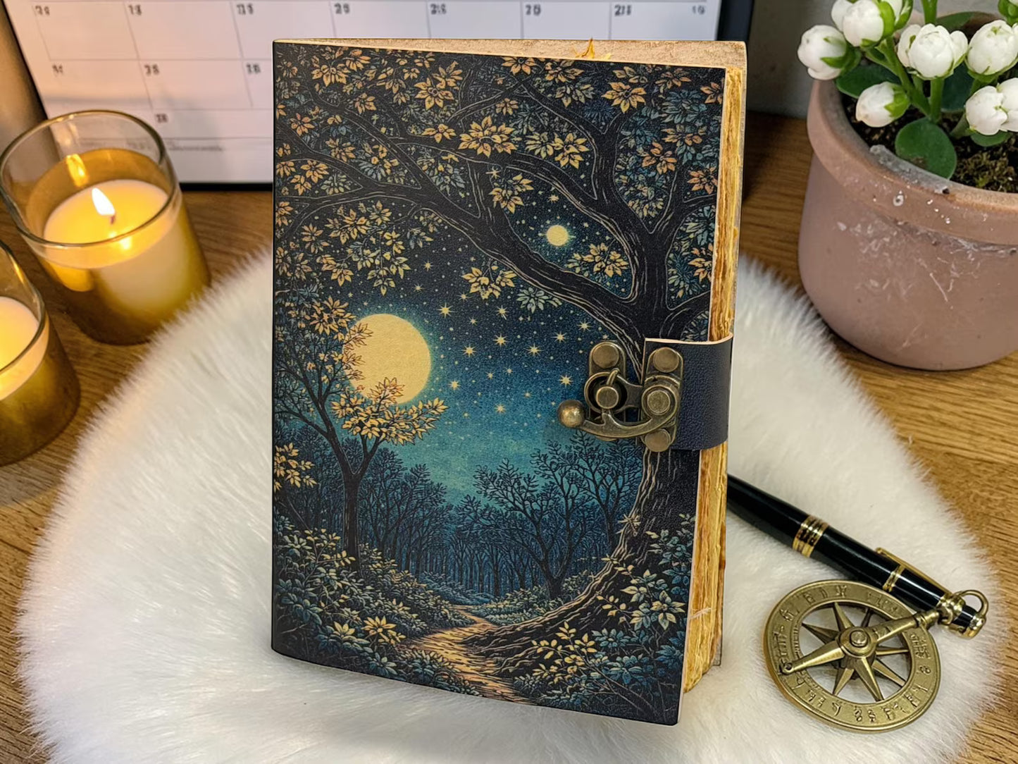 Moon And Tree Of Life Journal- Celestial Forest Leather Notebook - Wiccan Pagan Gift Book Of Shadows - Handmade Vintage Diary