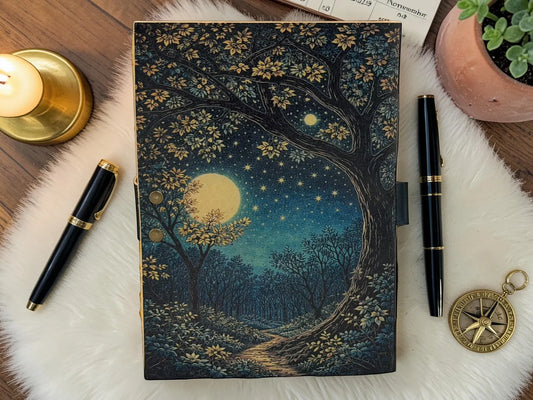 Moon And Tree Of Life Journal- Celestial Forest Leather Notebook - Wiccan Pagan Gift Book Of Shadows - Handmade Vintage Diary