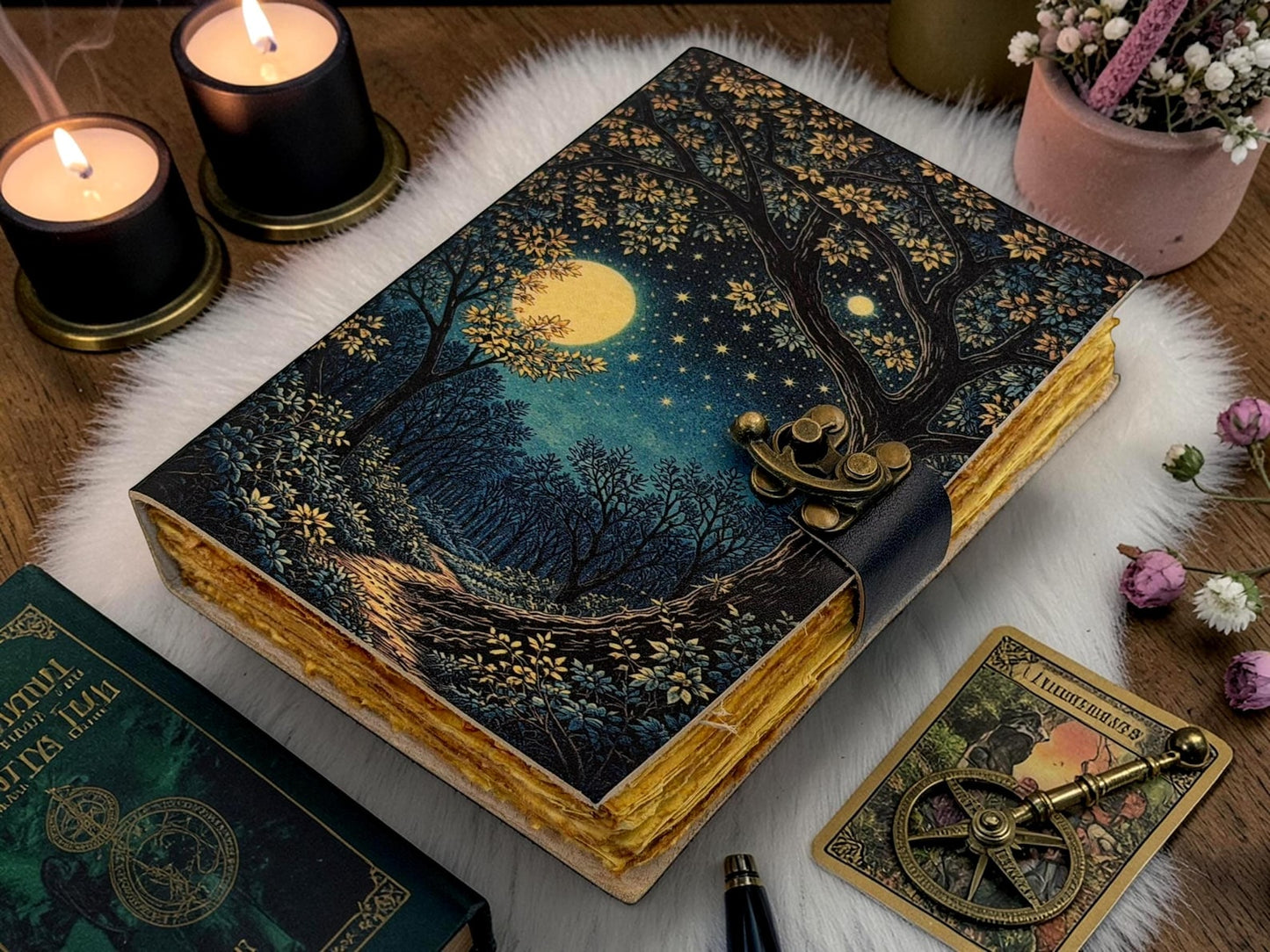 Moon And Tree Of Life Journal- Celestial Forest Leather Notebook - Wiccan Pagan Gift Book Of Shadows - Handmade Vintage Diary